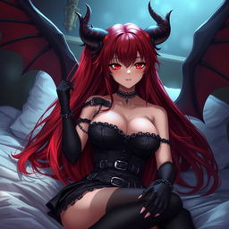 A sexy gothic anime girl with alluring features, showcasing her demonic wings and prominent horns