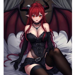 A sexy gothic anime girl with alluring features, showcasing her demonic wings and prominent horns