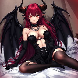 A sexy gothic anime girl with alluring features, showcasing her demonic wings and prominent horns