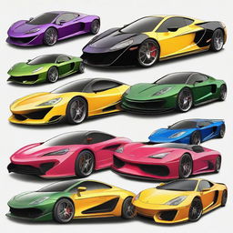 A high-quality digital art image showcasing a collection of sports and exotic cars