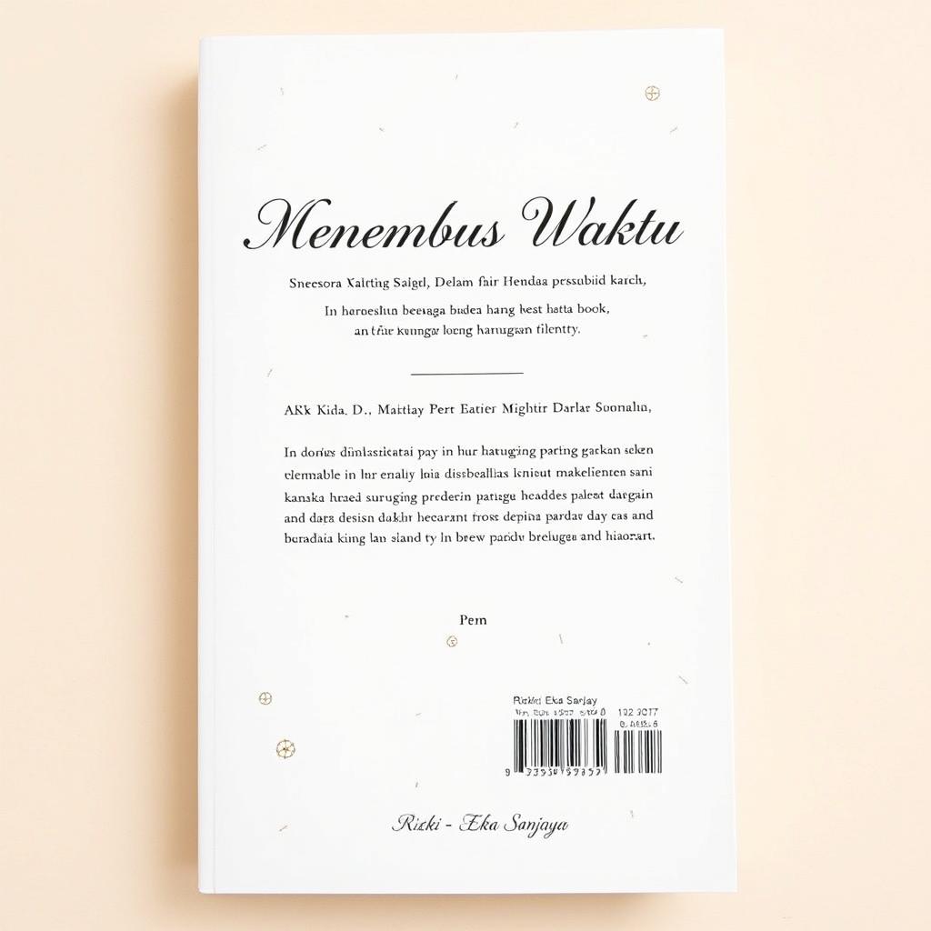 The back cover design for the book 'Menembus Waktu' by Rizki Eka Sanjaya, featuring a clean white background