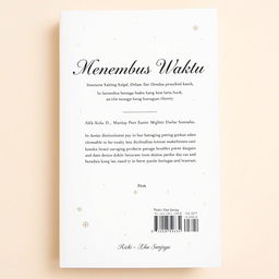 The back cover design for the book 'Menembus Waktu' by Rizki Eka Sanjaya, featuring a clean white background