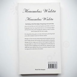 The back cover design for the book 'Menembus Waktu' by Rizki Eka Sanjaya, featuring a clean white background