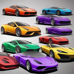 A high-quality digital art image showcasing a collection of sports and exotic cars