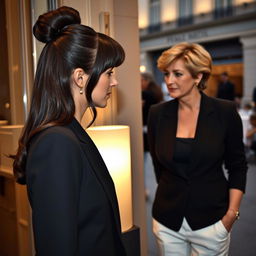 A tall, elegant woman with dark brown hair and bangs, styled in a neat professional bun at the back of her head, wearing a sophisticated dinner outfit