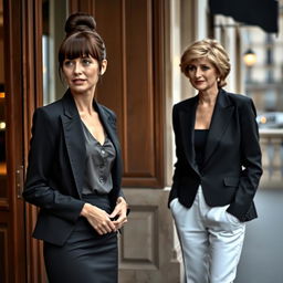 A tall, elegant woman with dark brown hair and bangs, styled in a neat professional bun at the back of her head, wearing a sophisticated dinner outfit
