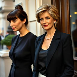 A tall, elegant woman with dark brown hair and bangs, styled in a neat professional bun at the back of her head, wearing a sophisticated dinner outfit