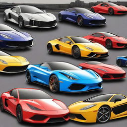 A high-quality digital art image showcasing a collection of sports and exotic cars