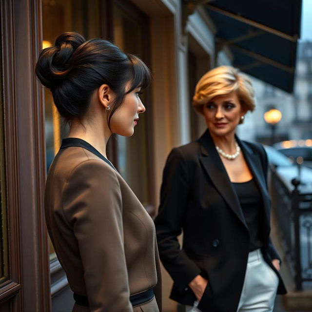 A tall, elegant woman with dark brown hair and bangs, styled in a neat professional bun at the back of her head, wearing a sophisticated dinner outfit