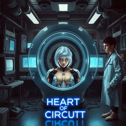 A dimly lit futuristic laboratory, filled with glowing monitors and various wires and tools scattered around