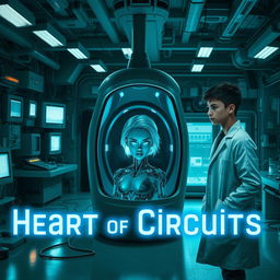 A dimly lit futuristic laboratory, filled with glowing monitors and various wires and tools scattered around