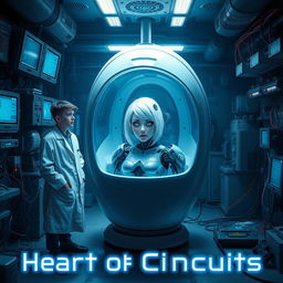 A dimly lit futuristic laboratory, filled with glowing monitors and various wires and tools scattered around