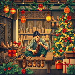 An illustration design for a Christmas greeting card featuring a male shoemaker at work in a factory, set against a background that beautifully represents Javanese culture