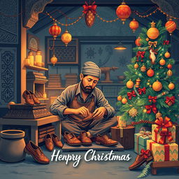 An illustration design for a Christmas greeting card featuring a male shoemaker at work in a factory, set against a background that beautifully represents Javanese culture