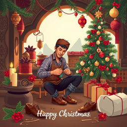An illustration design for a Christmas greeting card featuring a male shoemaker at work in a factory, set against a background that beautifully represents Javanese culture