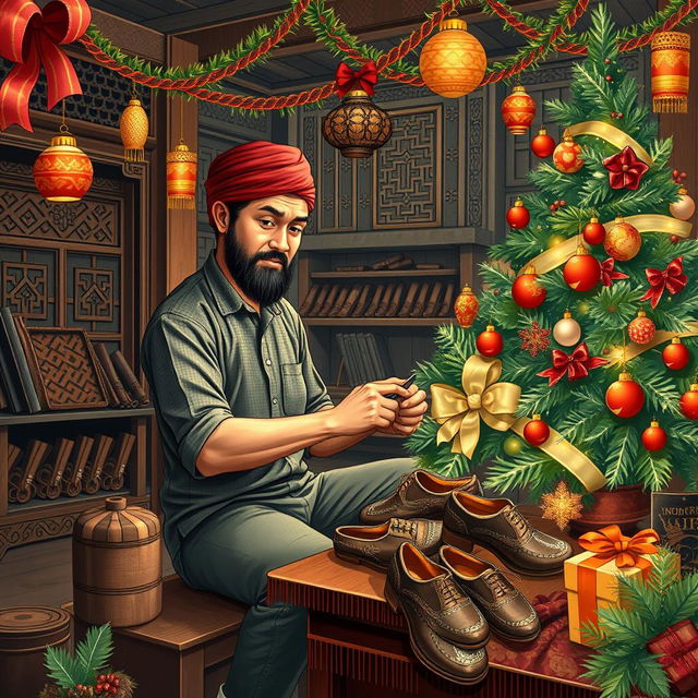 An illustration design for a Christmas greeting card featuring a male shoemaker at work in a factory, set against a background that beautifully represents Javanese culture