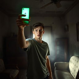 In an abandoned old house, a terrified 18-year-old young man stands in a dimly lit room, holding up his phone which emits a vivid green light