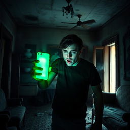 In an abandoned old house, a terrified 18-year-old young man stands in a dimly lit room, holding up his phone which emits a vivid green light
