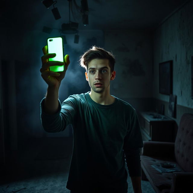 In an abandoned old house, a terrified 18-year-old young man stands in a dimly lit room, holding up his phone which emits a vivid green light