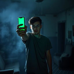 In an abandoned old house, a terrified 18-year-old young man stands in a dimly lit room, holding up his phone which emits a vivid green light