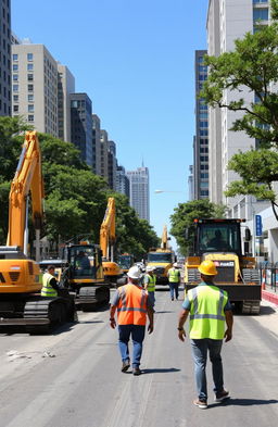 A vibrant and dynamic scene of road construction in an urban environment