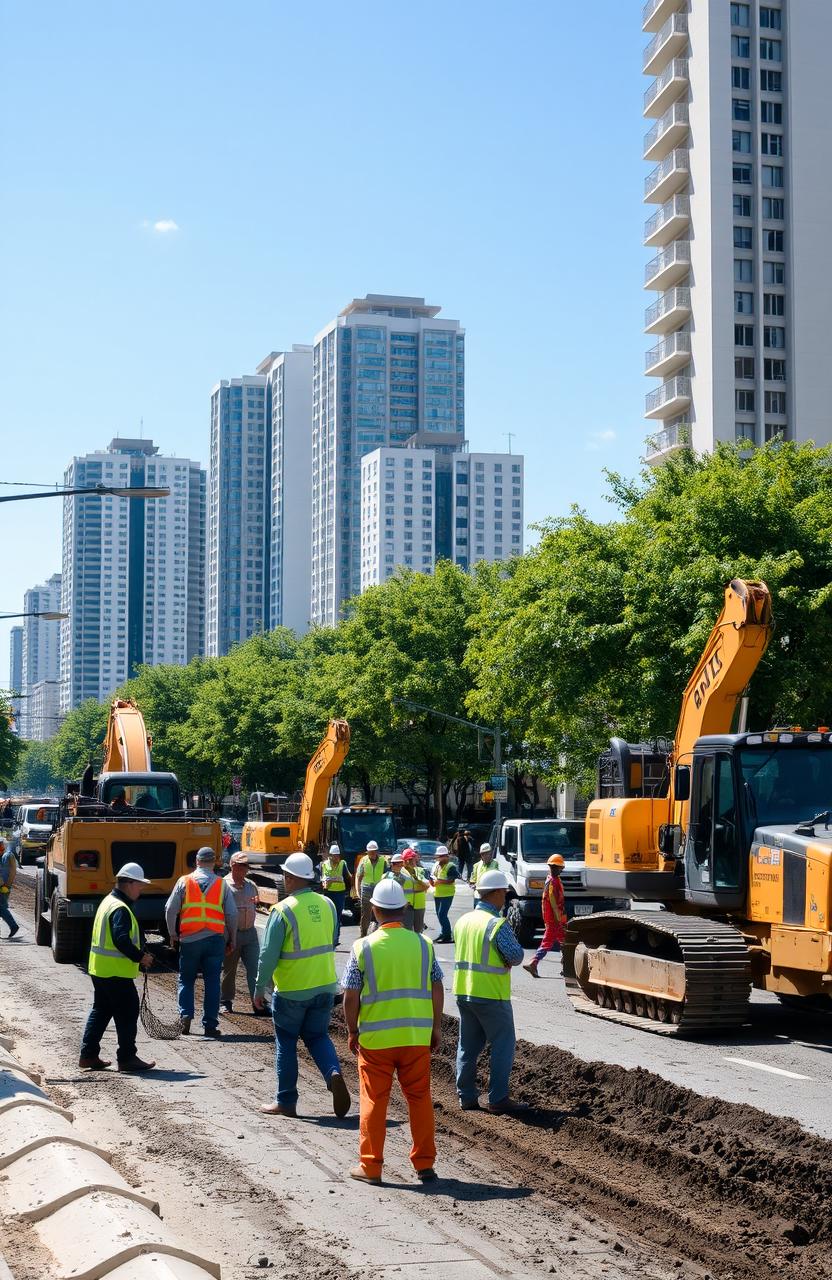 A vibrant and dynamic scene of road construction in an urban environment