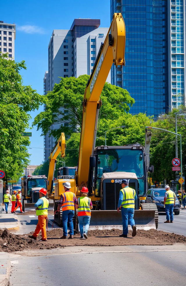 A vibrant and dynamic scene of road construction in an urban environment