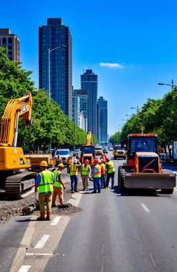 A vibrant and dynamic scene of road construction in an urban environment