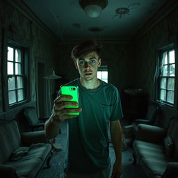 In an abandoned, decrepit old house with peeling wallpaper and dusty furniture, an 18-year-old young man stands in the center of a dimly lit room, casting an eerie green glow from his iPhone