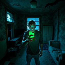 In an abandoned, decrepit old house with peeling wallpaper and dusty furniture, an 18-year-old young man stands in the center of a dimly lit room, casting an eerie green glow from his iPhone