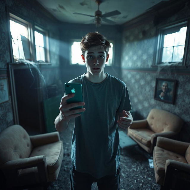 In an abandoned, decrepit old house with peeling wallpaper and dusty furniture, an 18-year-old young man stands in the center of a dimly lit room, casting an eerie green glow from his iPhone