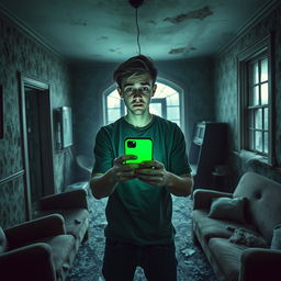 In an abandoned, decrepit old house with peeling wallpaper and dusty furniture, an 18-year-old young man stands in the center of a dimly lit room, casting an eerie green glow from his iPhone