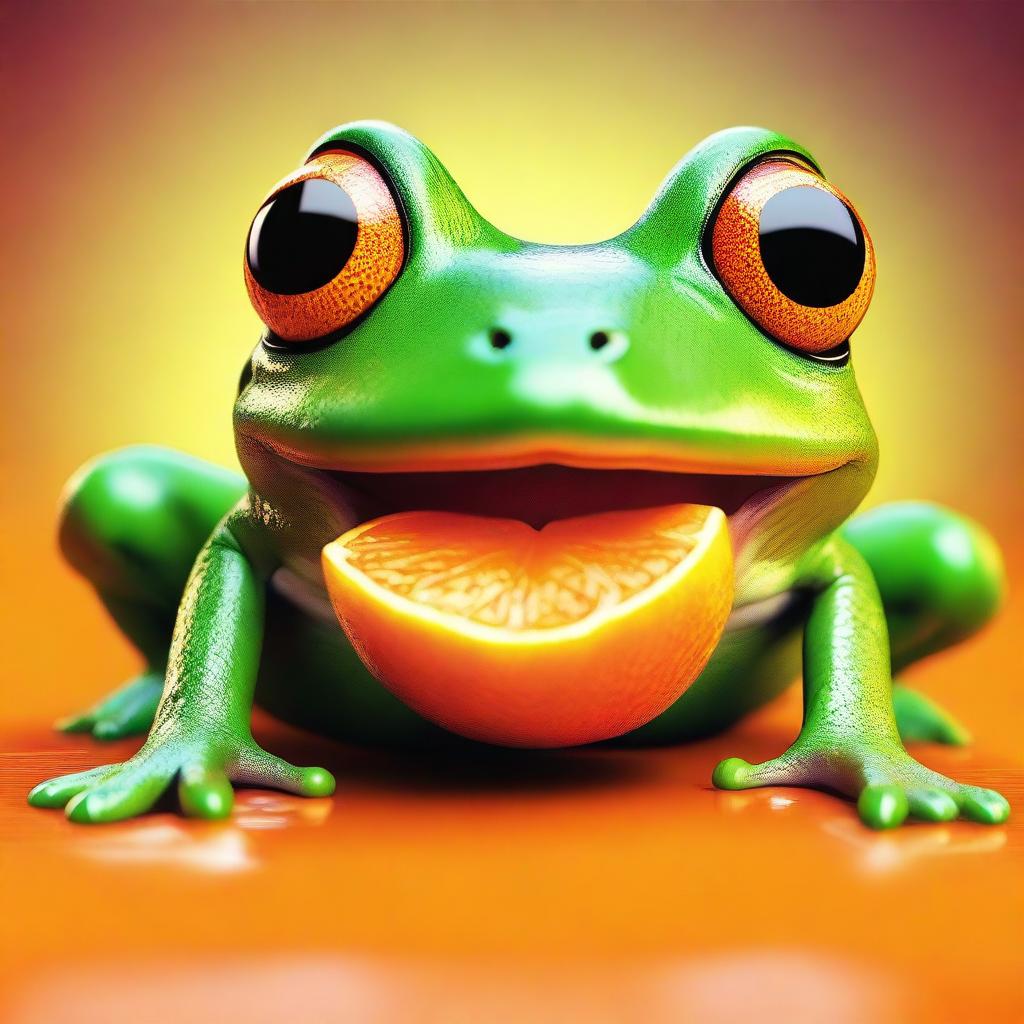 A vibrant digital art image in high resolution, featuring a lively and colorful frog with a wide mouth, indulging in a juicy orange