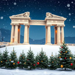 A stunning depiction of the Gates of Olympus, featuring grand marble columns and elaborate sculptures, set against a serene winter background