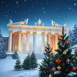 A stunning depiction of the Gates of Olympus, featuring grand marble columns and elaborate sculptures, set against a serene winter background