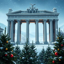 A stunning depiction of the Gates of Olympus, featuring grand marble columns and elaborate sculptures, set against a serene winter background