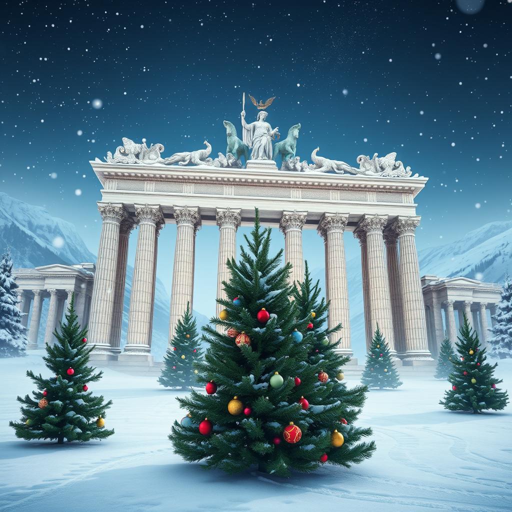 A stunning depiction of the Gates of Olympus, featuring grand marble columns and elaborate sculptures, set against a serene winter background
