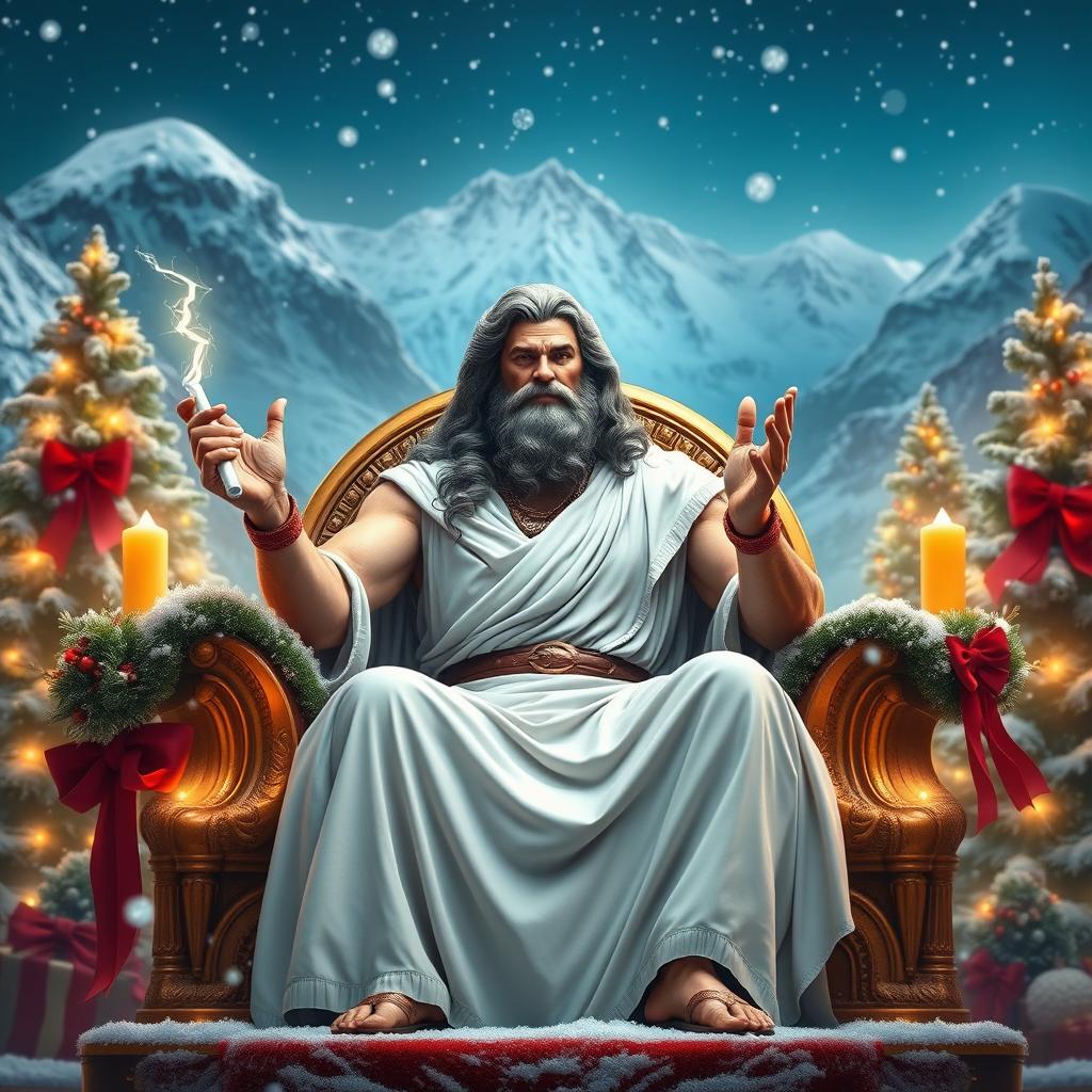 A grand and majestic scene featuring Zeus, the Greek god, sitting on a magnificent throne adorned with winter-themed decorations