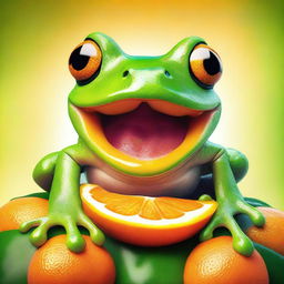 A vibrant digital art image in high resolution, featuring a lively and colorful frog with a wide mouth, indulging in a juicy orange