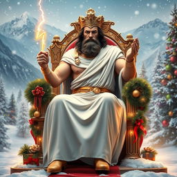 A grand and majestic scene featuring Zeus, the Greek god, sitting on a magnificent throne adorned with winter-themed decorations