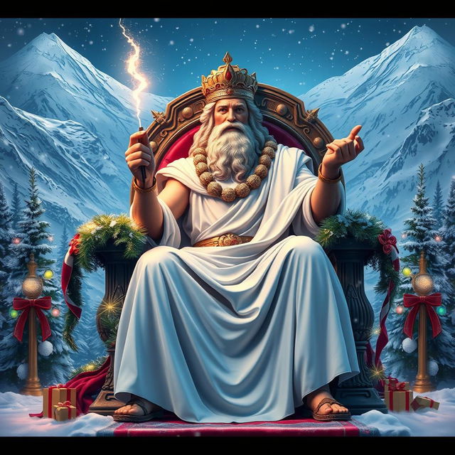 A grand and majestic scene featuring Zeus, the Greek god, sitting on a magnificent throne adorned with winter-themed decorations