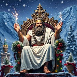 A grand and majestic scene featuring Zeus, the Greek god, sitting on a magnificent throne adorned with winter-themed decorations
