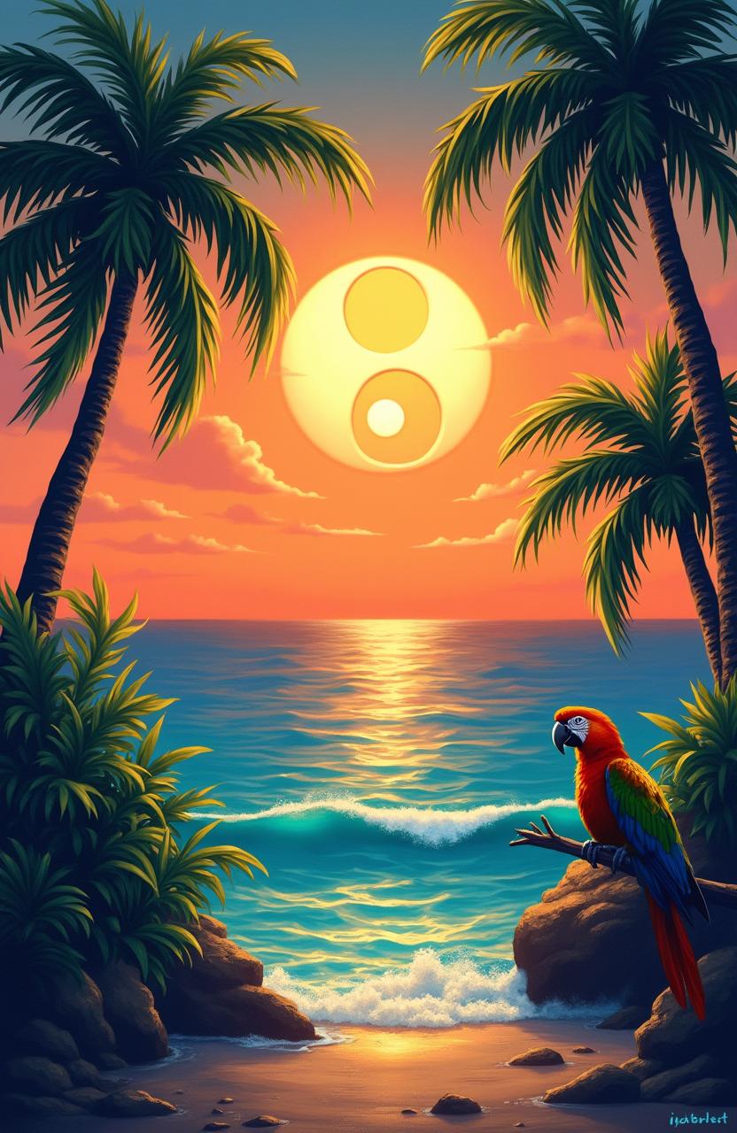 A serene and vibrant scene depicting the philosophy of relaxation inspired by Jimmy Buffett, illustrated with a sun represented as a yin/yang symbol, rising majestically over a calm ocean