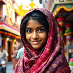 A beautiful Indian Muslim girl, wearing a traditional colorful hijab gracefully draped over her head, showcasing intricate patterns