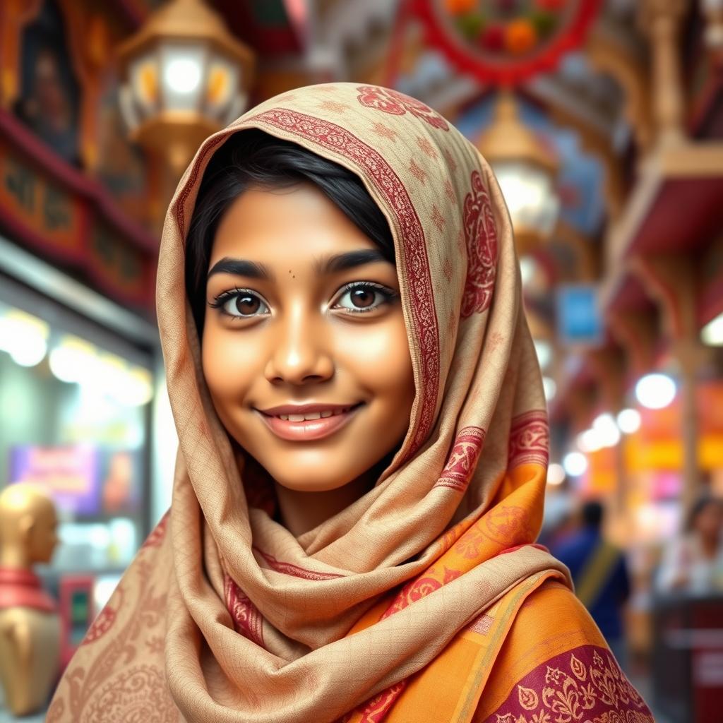 A beautiful Indian Muslim girl, wearing a traditional colorful hijab gracefully draped over her head, showcasing intricate patterns