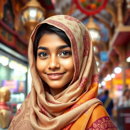 A beautiful Indian Muslim girl, wearing a traditional colorful hijab gracefully draped over her head, showcasing intricate patterns