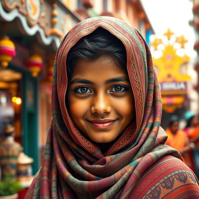 A beautiful Indian Muslim girl, wearing a traditional colorful hijab gracefully draped over her head, showcasing intricate patterns