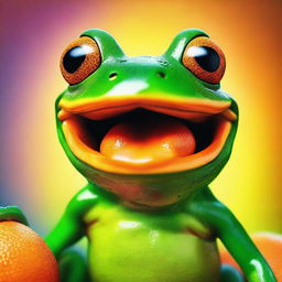 A vibrant digital art image in high resolution, featuring a lively and colorful frog with a wide mouth, indulging in a juicy orange