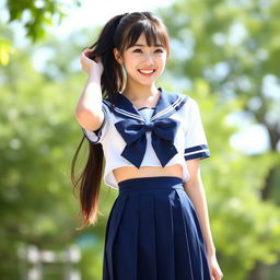 A cheerful young Japanese woman standing outdoors in a bright and sunny setting, with blurred greenery in the background