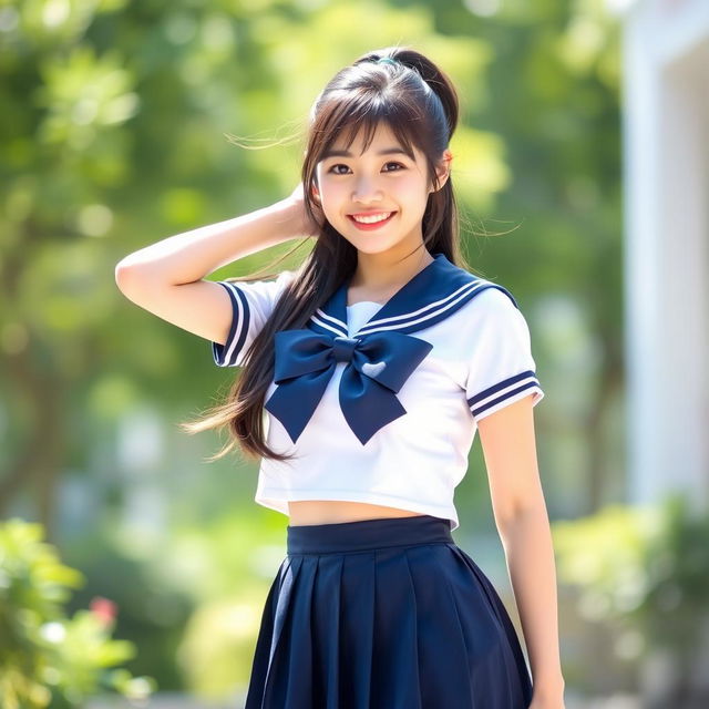 A cheerful young Japanese woman standing outdoors in a bright and sunny setting, with blurred greenery in the background